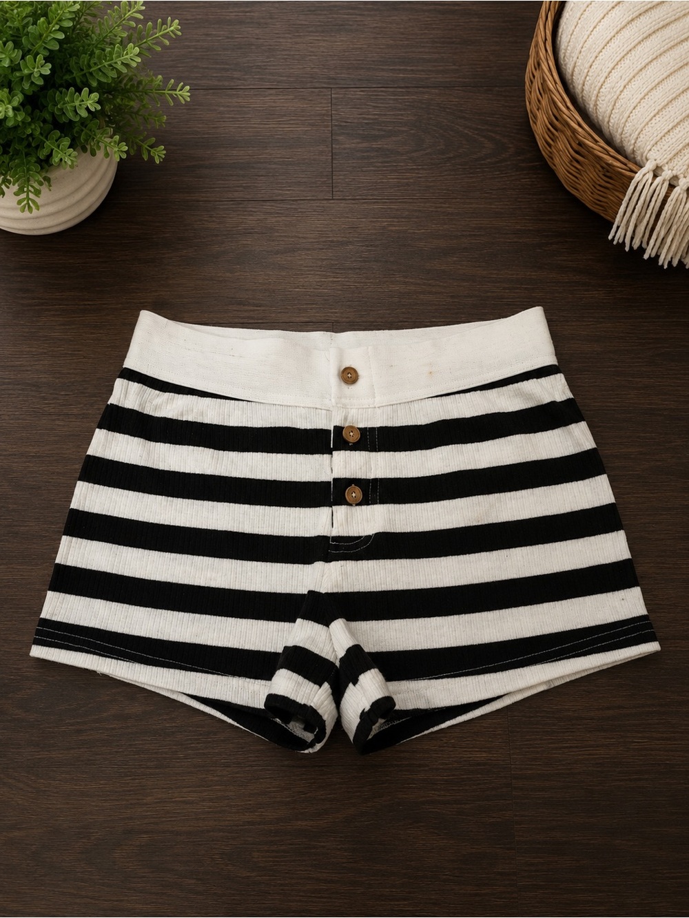 SHEIN Black & White Striped High-Waist Knit Shorts
